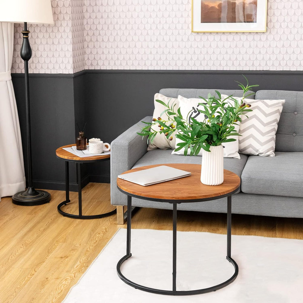 CASART Set of 2 Nesting Tables, Stacking Sofa Side Tables, Wooden Top & S...