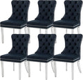 KCC Velvet Dining Chairs Set of 6, Upholstered High-end Tufted Dining Room Chair with Nailhead Back Ring Pull Trim Stainless Steel Legs, Contemporary Nikki Collection Modern Style for Kitchen, Black