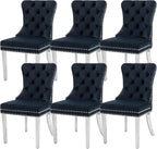 KCC Velvet Dining Chairs Set of 6, Upholstered High-end Tufted Dining Room Chair with Nailhead Back Ring Pull Trim Stainless Steel Legs, Contemporary Nikki Collection Modern Style for Kitchen, Black