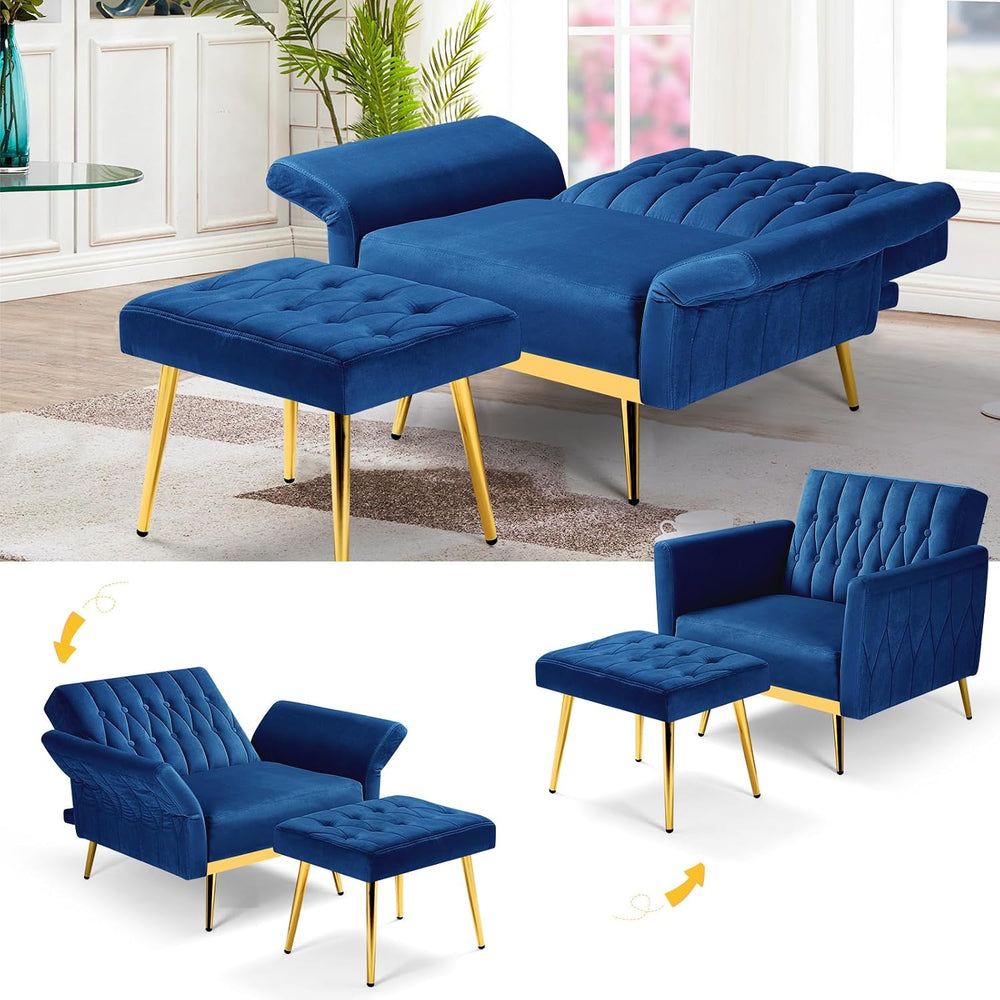 2 Pieces Velvet Sofa Set with Adjustable Armrest and Backrests, Blue | 70” Co...