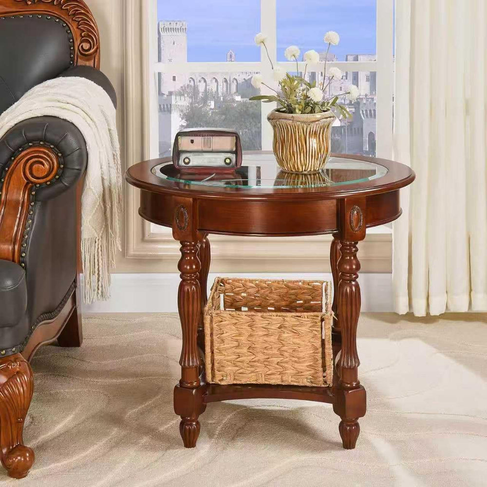 Vintage Solid Wood Oval End Table with Tempered Glass Top, 28"x24" ...