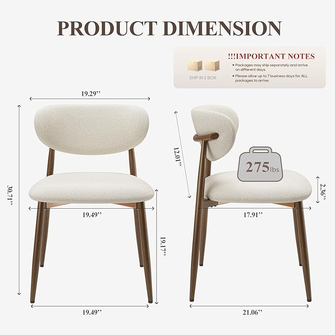 Dining Chairs Set of 4, Upholstered Dining Room Chairs with Metal Legs and Anti Slip Pads, Curved Back Kitchen Chair for Home and Restaurant Use, Beige