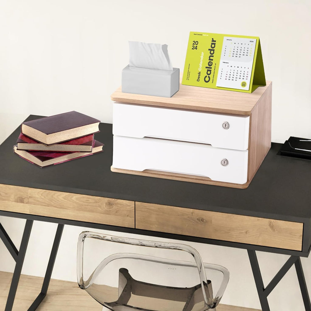 2-Tier Desktop Storage Box with Lockable Drawer, Wooden Desk Organizer for Office Supplies, Flat File Cabinet, Minimalist Design for Home & Office Use(Original Wood+White)