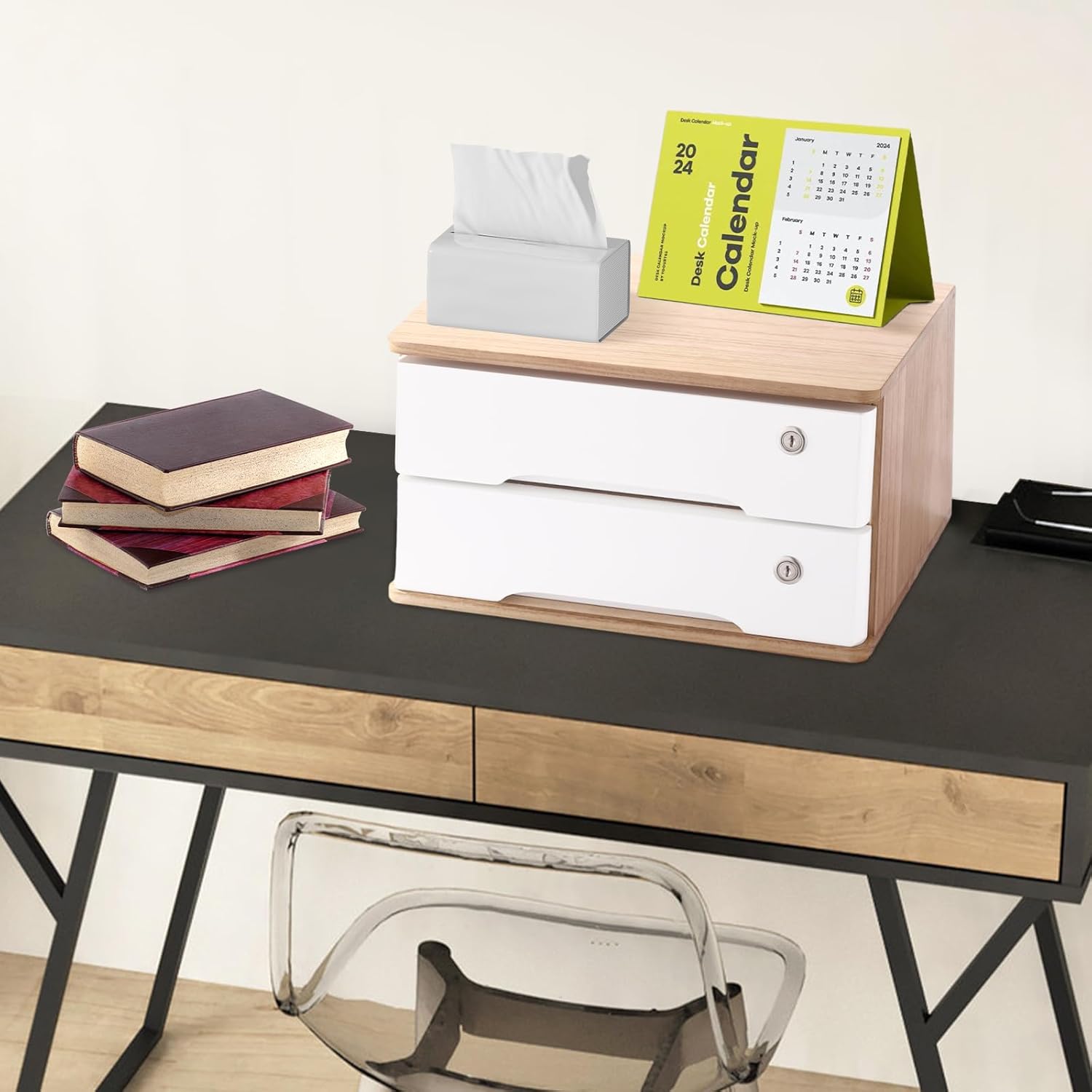 2-Tier Desktop Storage Box with Lockable Drawer, Wooden Desk Organizer for Office Supplies, Flat File Cabinet, Minimalist Design for Home & Office Use(Original Wood+White)
