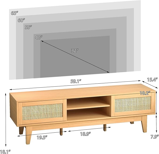 Boho TV Stand for 55 65 Inch TV, Rattan Entertainment Center with Shelves, Ca...