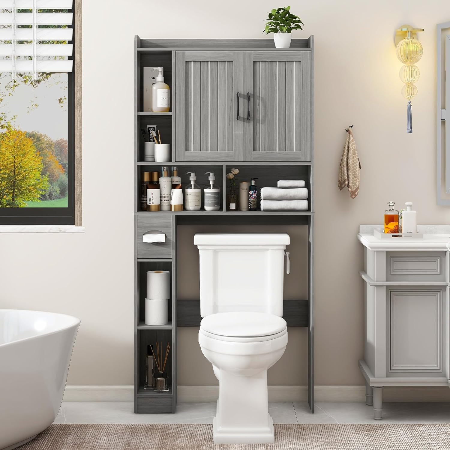 Vabches Over The Toilet Storage Cabinet, Farmhouse Storage Cabinet Over Toilet with Barn Door，Home Space-Saving Toilet Rack for Bathroom, Restroom and Laundry.（Wash Grey）