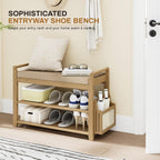 Homaxy 2-Tier Shoe Rack Bench, 28.2 in, Walnut and Light Brown | Bamboo Entryway Bench, with Side Holder, Shoe Rack Organizer with Cushion for Front Entrance, Hallway Living Room Bedroom