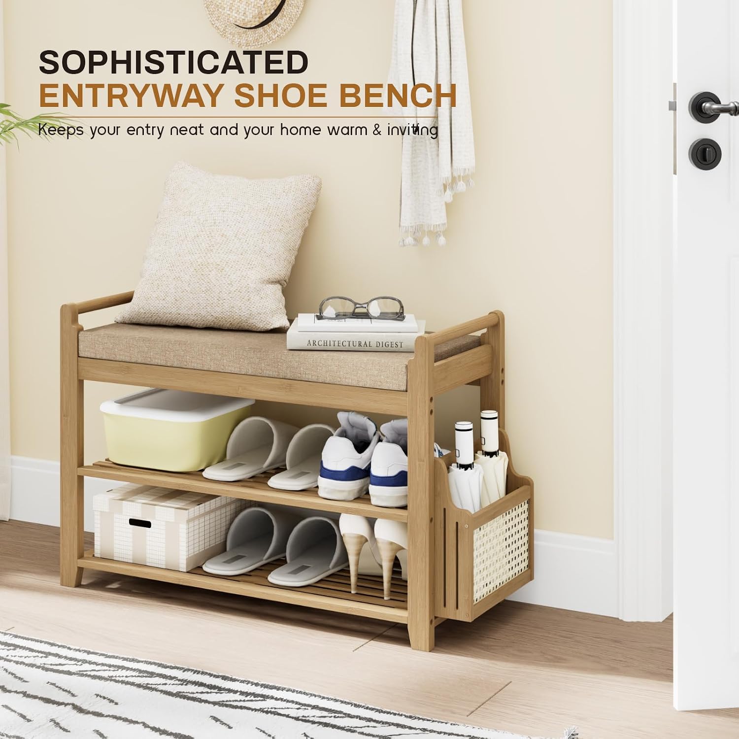 Homaxy 2-Tier Shoe Rack Bench, 28.2 in, Walnut and Light Brown | Bamboo Entryway Bench, with Side Holder, Shoe Rack Organizer with Cushion for Front Entrance, Hallway Living Room Bedroom