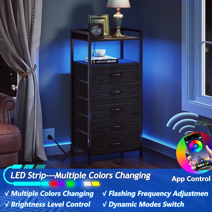 Furnulem Night Stand with Charging Station, Tall Black Dresser for Bedroom, N...