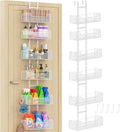 Over The Door Organizer, Metal Hanging Door Organizer with 6 Adjustable Baskets and 5 Hooks, Behind The Door Storage for Closet Pantry Cabinet Kitchen Bathroom Bedroom, White