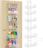 Over The Door Organizer, Metal Hanging Door Organizer with 6 Adjustable Baskets and 5 Hooks, Behind The Door Storage for Closet Pantry Cabinet Kitchen Bathroom Bedroom, White