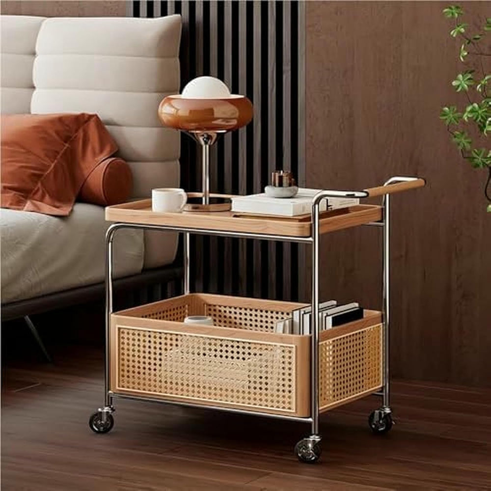 Rolling Rattan Side Table with Wheels - 2-Layer Storage Coffee Table & En...