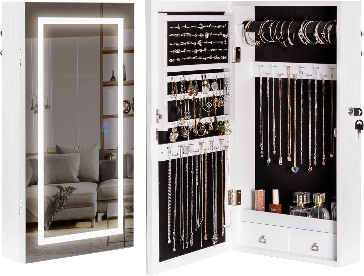 LAVIEVERT Jewelry Armoire with LED Lighted Mirror, Wall/Door Mounted Frameless Mirror with 3 Color Lights, Lockable Jewelry Cabinet Hanging Jewelry Organizer with 2 Drawers - White