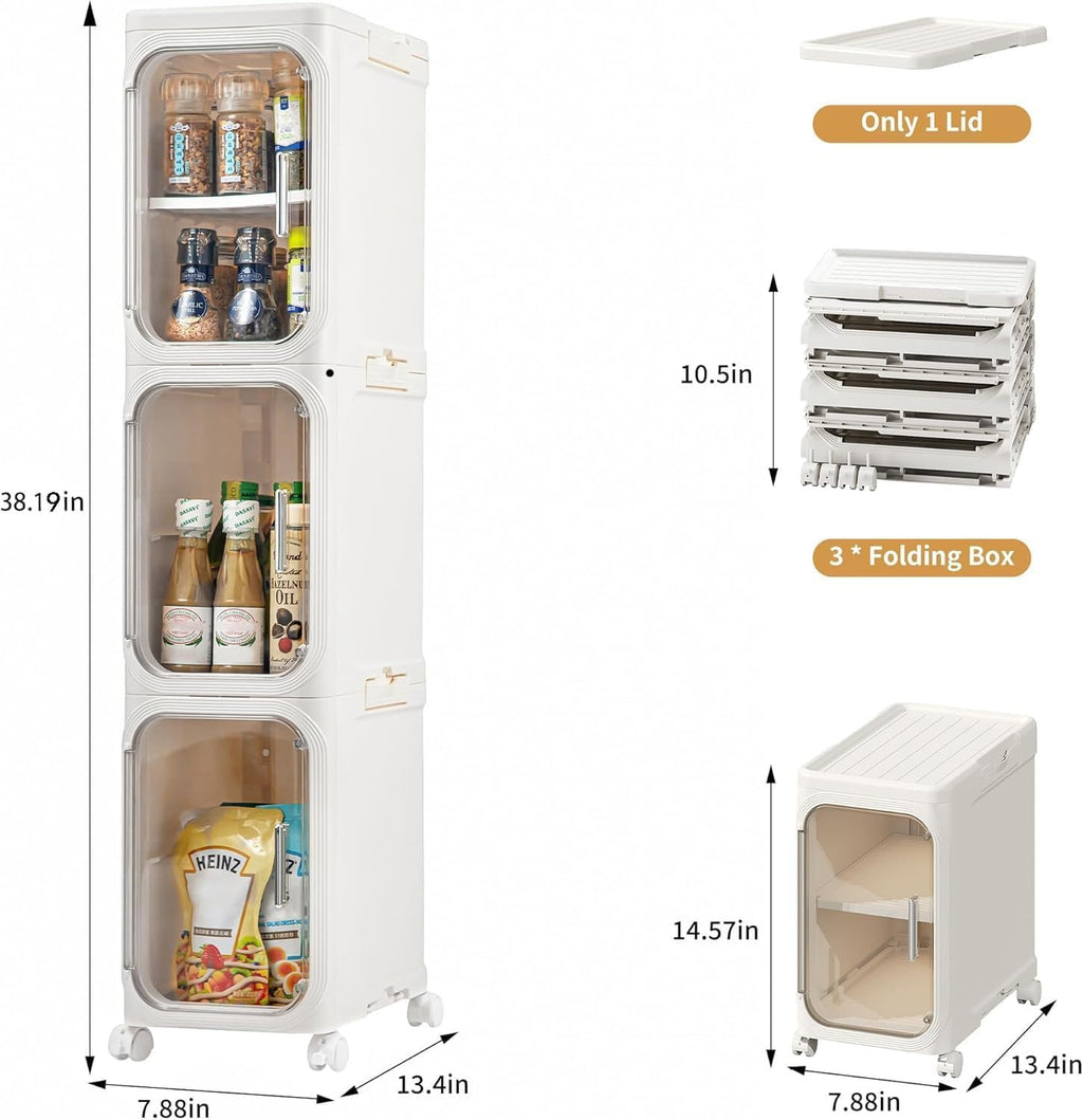 3-Tier Slim Narrow Bathroom Storage Cabinet, Cream White | Tool Free Assembly, Adjustable Shelves, Fits for Narrow Spaces, Reinforced Stability, Magnetic Clear Door
