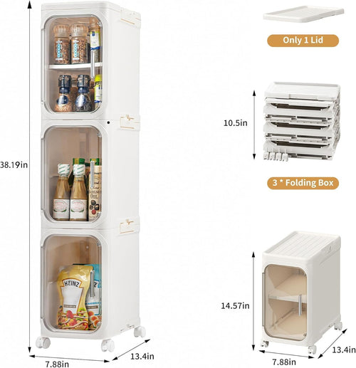 3-Tier Slim Narrow Bathroom Storage Cabinet, Cream White | Tool Free Assembly, Adjustable Shelves, Fits for Narrow Spaces, Reinforced Stability, Magnetic Clear Door