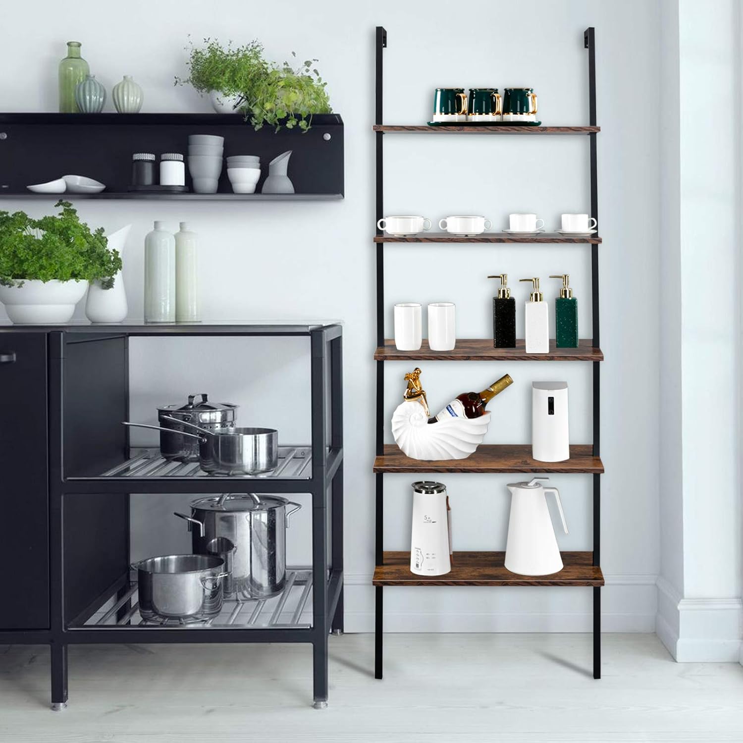 5-Tier Wall Mounted Ladder Shelf, Industrial Bookshelf with Metal Frame, Rustic Brown Bookcase for Home Office Living Room, Storage Rack for Home Office,Industrial Display Rack Books