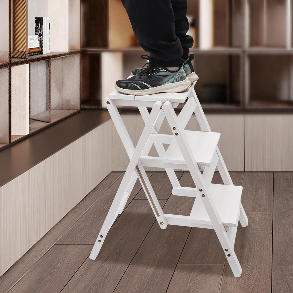 Folding Step Stool 3-Step Chair Ladder Multi-Functional Folding Solid Wood Ladder Stool Portable Wooden Step Stool for Household Kitchen and Office 220.46lbs, White