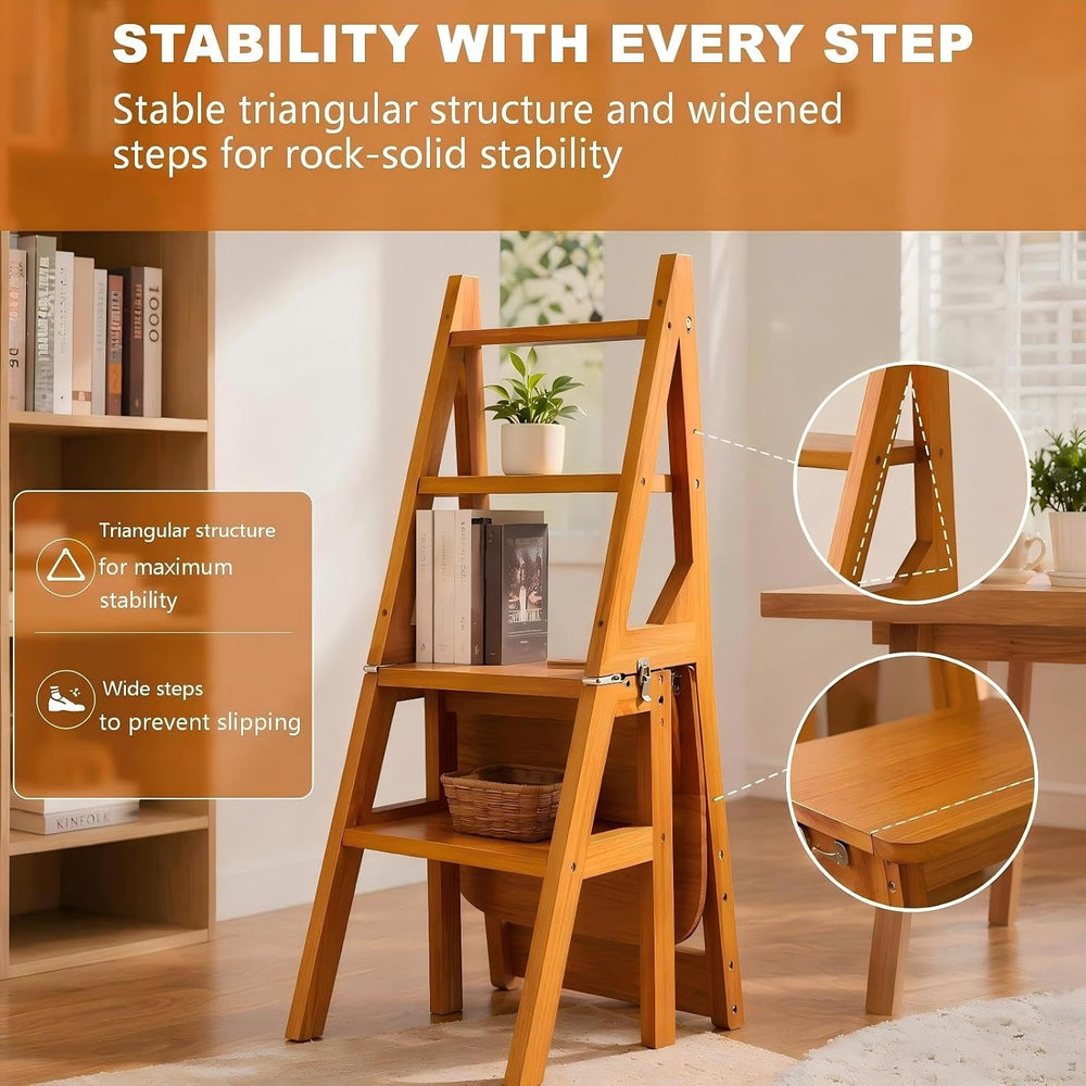 4 Tier Folding Step Ladder, 3-in-1 Wooden Folding Ladder Chair, Portable Mult...