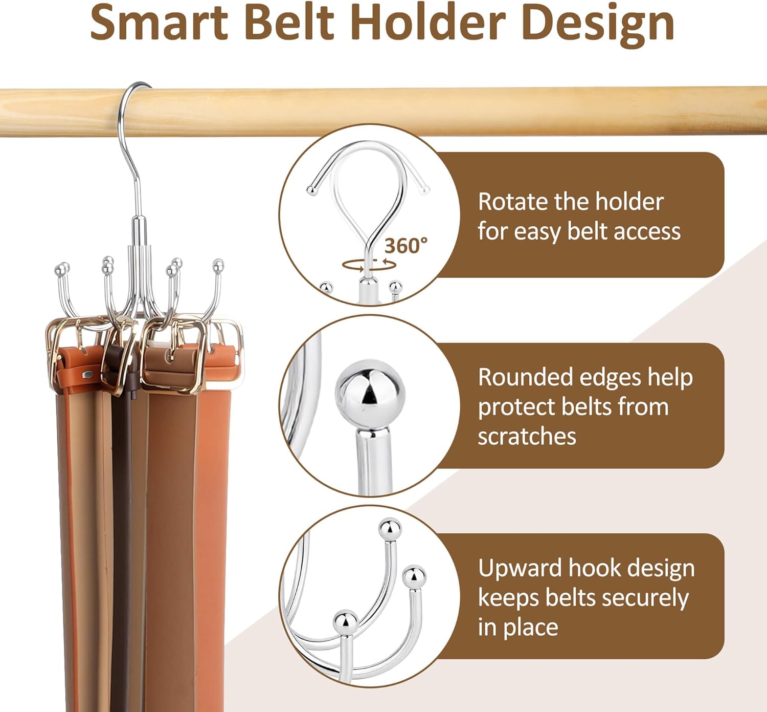 ZEDODIER Belt Organizer for Closet, Heavy-Duty Rotating Belt Hanger Tie Rack Holds up to 24 Belts, Hanging Space Saving Metal Belt Holder for Closet Storage