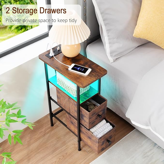 Narrow End Tables Living Room Set of 2 with Charging Station, Skinny Side Tab...