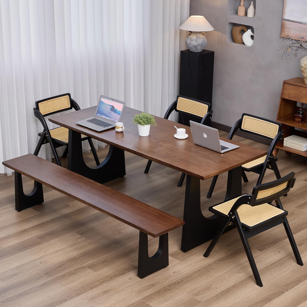 Walnut Color Long Bench Solid Wood Top Metal Legs U-Shaped Design Durable Stu...