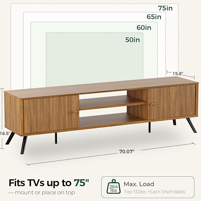 COMHOMA TV Stand for Living Room, Mid Century Modern Entertainment Center for 65/70/75 Inch TVs, Retro Brown TV Console with Fluted Door Cabinets and Open Adjustable Shelve Storage for Bedroom (70In)