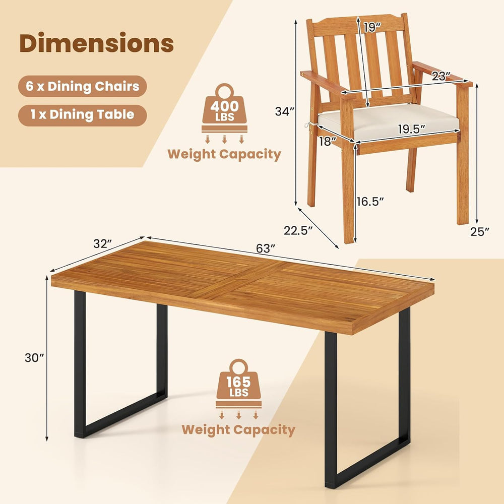 Tangkula 7 Pieces Patio Dining Table Set, 63” Rectangle Acacia Wood Table wit...