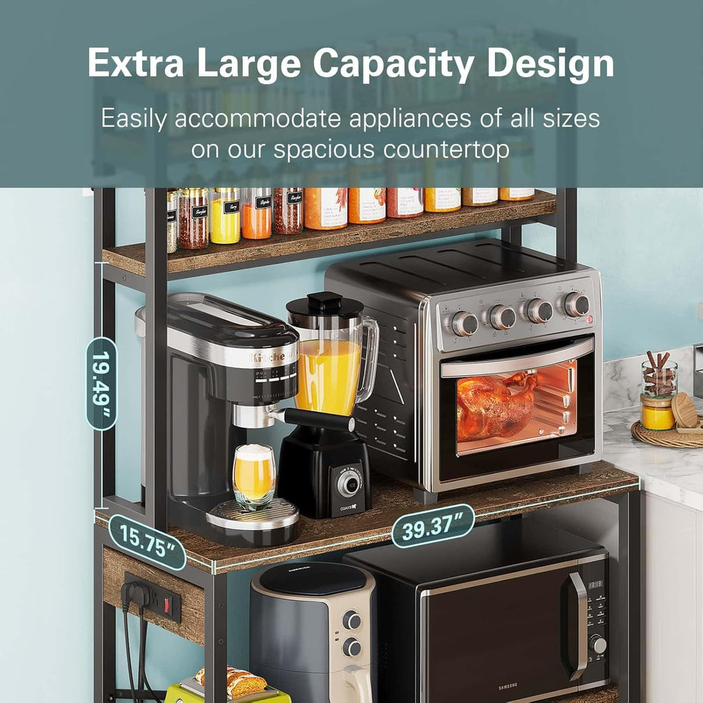 Denkee Large Bakers Rack with Power Outlets, 38 Inch Microwave Stand with Storage, 5-Tier Coffee Bar Stand, Industrial Kitchen Shelf Rack, Rustic Brown