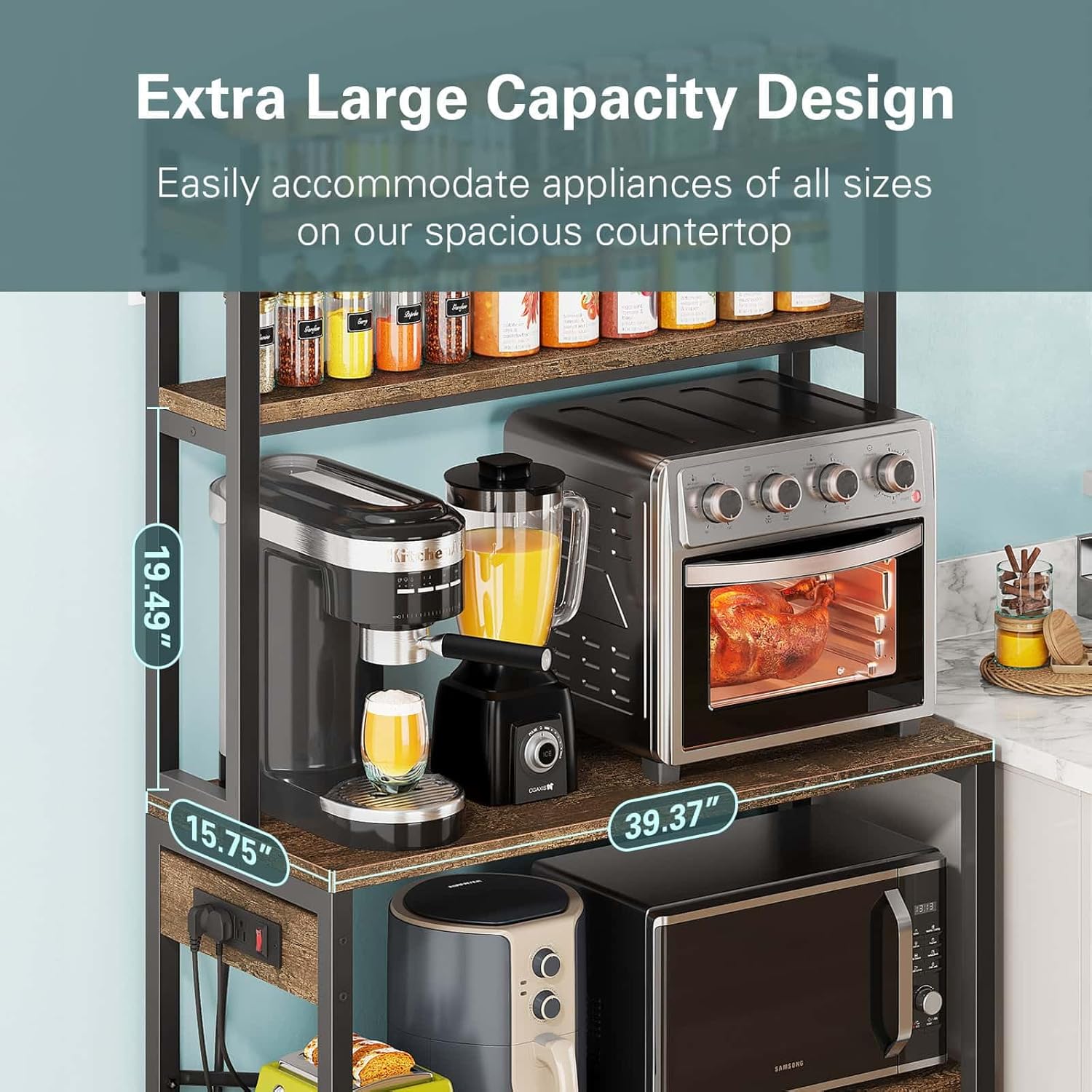 Denkee Large Bakers Rack with Power Outlets, 38 Inch Microwave Stand with Storage, 5-Tier Coffee Bar Stand, Industrial Kitchen Shelf Rack, Rustic Brown