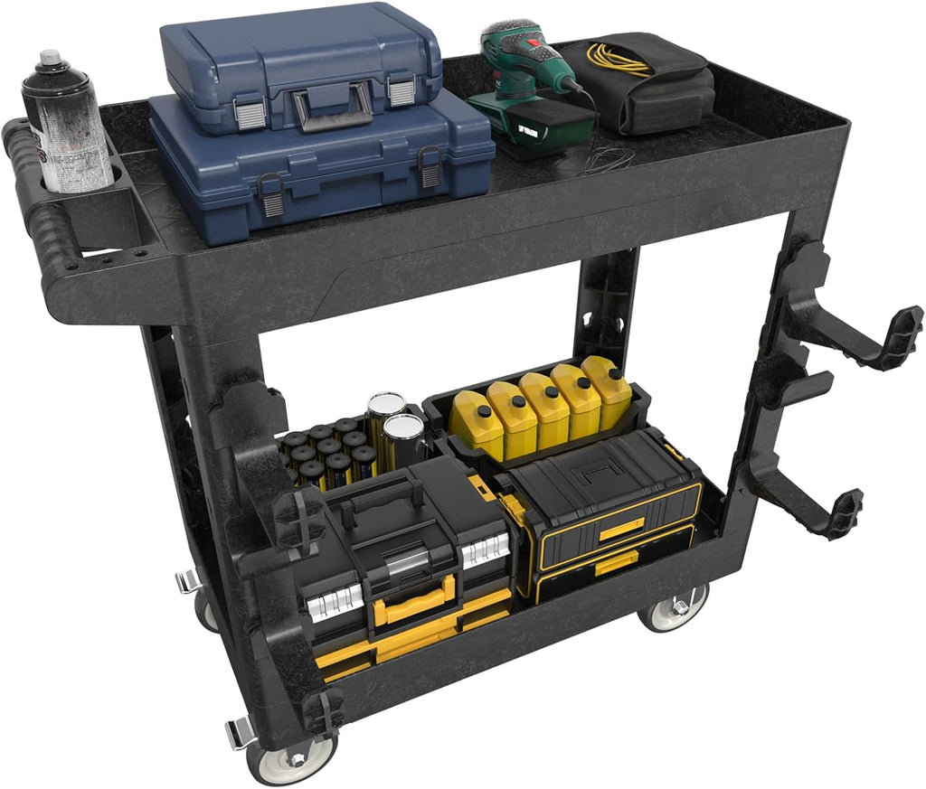 34"*17" Heavy Duty Utility Cart, 2 Shelf Plastic Rolling Cart Tool Cart with Ergonomic Handle 5" Swivel Casters 4 Hooks 1000lbs Capacity for Garage, Warehouse, Cleaning