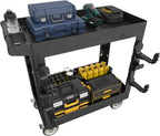 34"*17" Heavy Duty Utility Cart, 2 Shelf Plastic Rolling Cart Tool Cart with Ergonomic Handle 5" Swivel Casters 4 Hooks 1000lbs Capacity for Garage, Warehouse, Cleaning