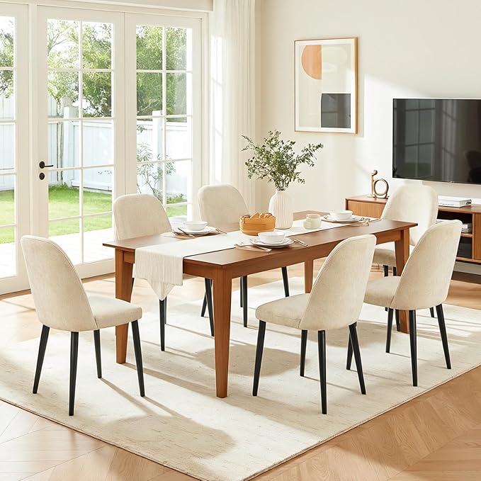 Upholstered Dining Chairs Set of 6 Modern Kitchen Chairs Chenille Fabric Dining Room Chairs High-Back Padded Dining Chairs with Metal Legs for Kitchen Dining Room Restaurant Cafe Hotel, Beige