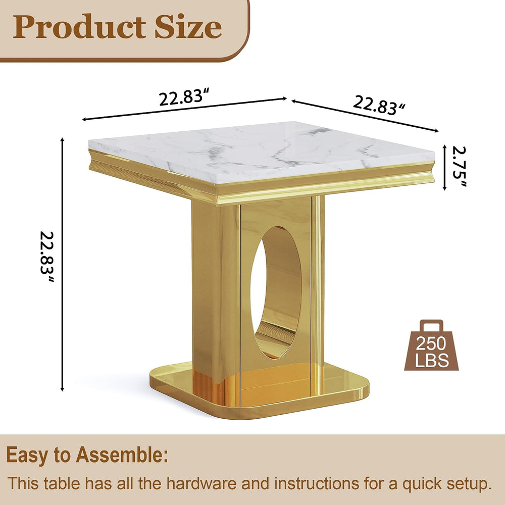 Luxury Square End Table, 23" White Faux Marble Top and Gold Mirror Stain...