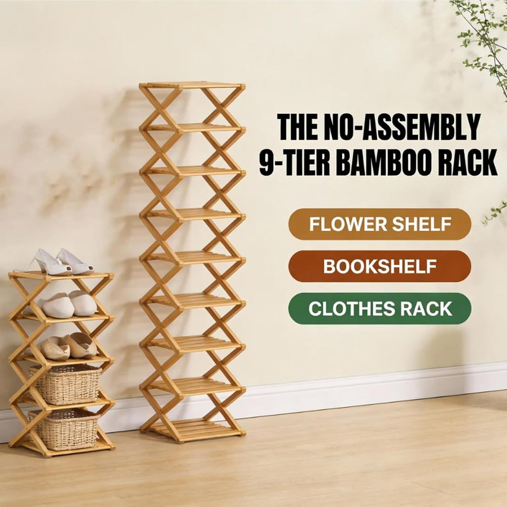 Foldable Shoe Rack, 9-Tier Bamboo Vertical Shoe Organizer, Narrow Space-Saving Shelf, No-Tools Assembly, Expandable Storage for Closet, Entryway, Corner, Bedroom (Brown, 9 Tire)