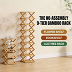 Foldable Shoe Rack, 9-Tier Bamboo Vertical Shoe Organizer, Narrow Space-Saving Shelf, No-Tools Assembly, Expandable Storage for Closet, Entryway, Corner, Bedroom (Brown, 9 Tire)