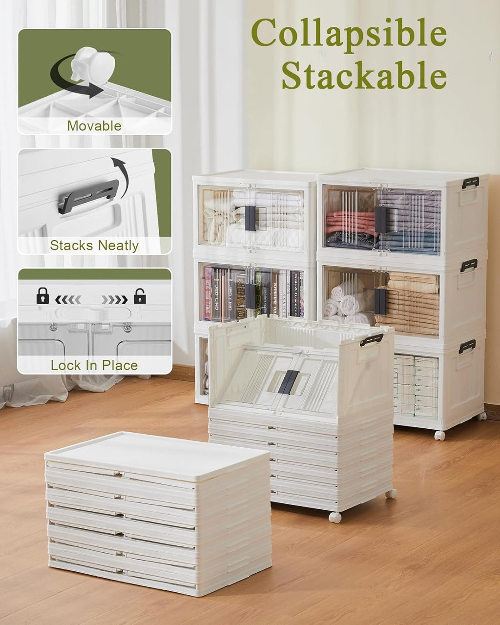 OlarHike 48QT Stackable Storage Bins with Lids - Folding Storage Boxes with Doors and Wheels, Collapsible Plastic Storage Organizer for Closets, Storage and Organization, 6 Pack Cubes