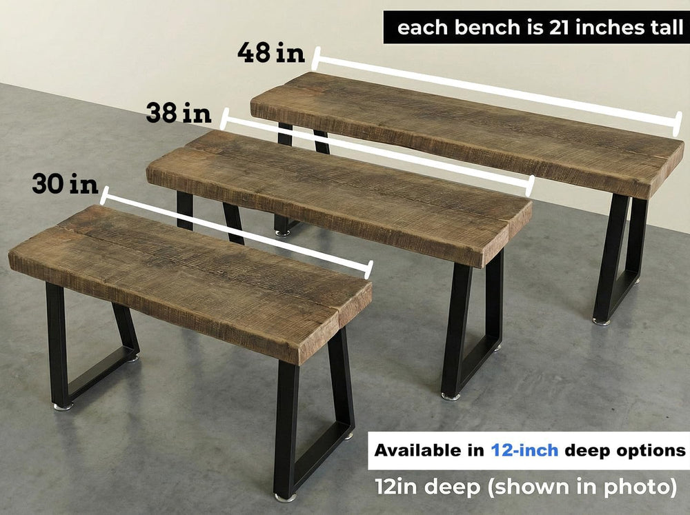 Rustic Revival Reclaimed Barnwood Bench, Solid Wood with Metal Base, Modern F...