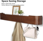 Coat Rack Wall Mount with Hidden Hooks Modern Key Holder Wood Entryway Hook with Shelf for Bedroom Kitchen Hallway Bathroom Designed for Hanging Coats Hats Bags Towel Dog Leashe(Walnut,8 Hooks)