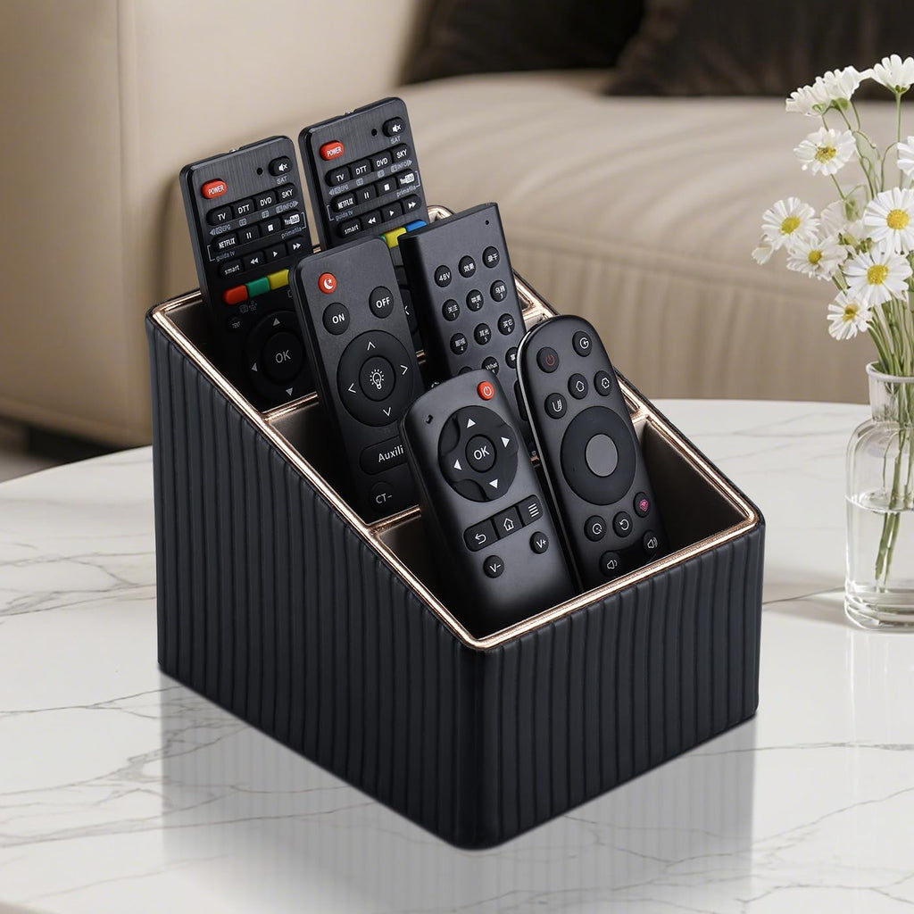 KINGFOM 3 Slot PU Leather Remote Controller Holder, Home Sundries Storage Box, TV Guide/Mail/CD Organizer/Caddy/Holder with Free Cable Desk Organizer (Black Striped)