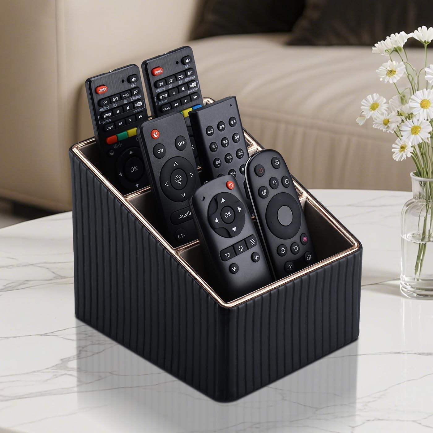 KINGFOM 3 Slot PU Leather Remote Controller Holder, Home Sundries Storage Box, TV Guide/Mail/CD Organizer/Caddy/Holder with Free Cable Desk Organizer (Black Striped)