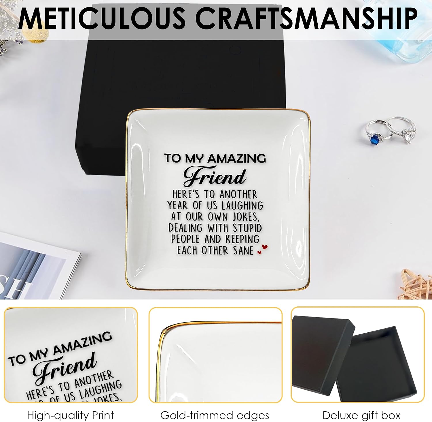 Funny Gift for Besties - Friendship Jewelry Dish for Women BFFs on Birthday Christmas, 4" Ceramic Ring Trinket Tray Here's Another Year - Unique Gift for Sisters Coworkers Classmates