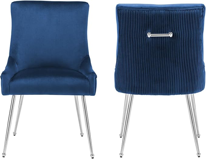 Velvet Dining Chairs Set of 2 with Silver Metal Legs, Modern Upholstered Kitchen Chair with Pull Handle & Pleated Back, Mid Century Accent Chair for Vanity,Dining,Kitchen,Living Room,Dark Blue