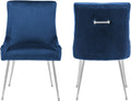 Velvet Dining Chairs Set of 2 with Silver Metal Legs, Modern Upholstered Kitchen Chair with Pull Handle & Pleated Back, Mid Century Accent Chair for Vanity,Dining,Kitchen,Living Room,Dark Blue