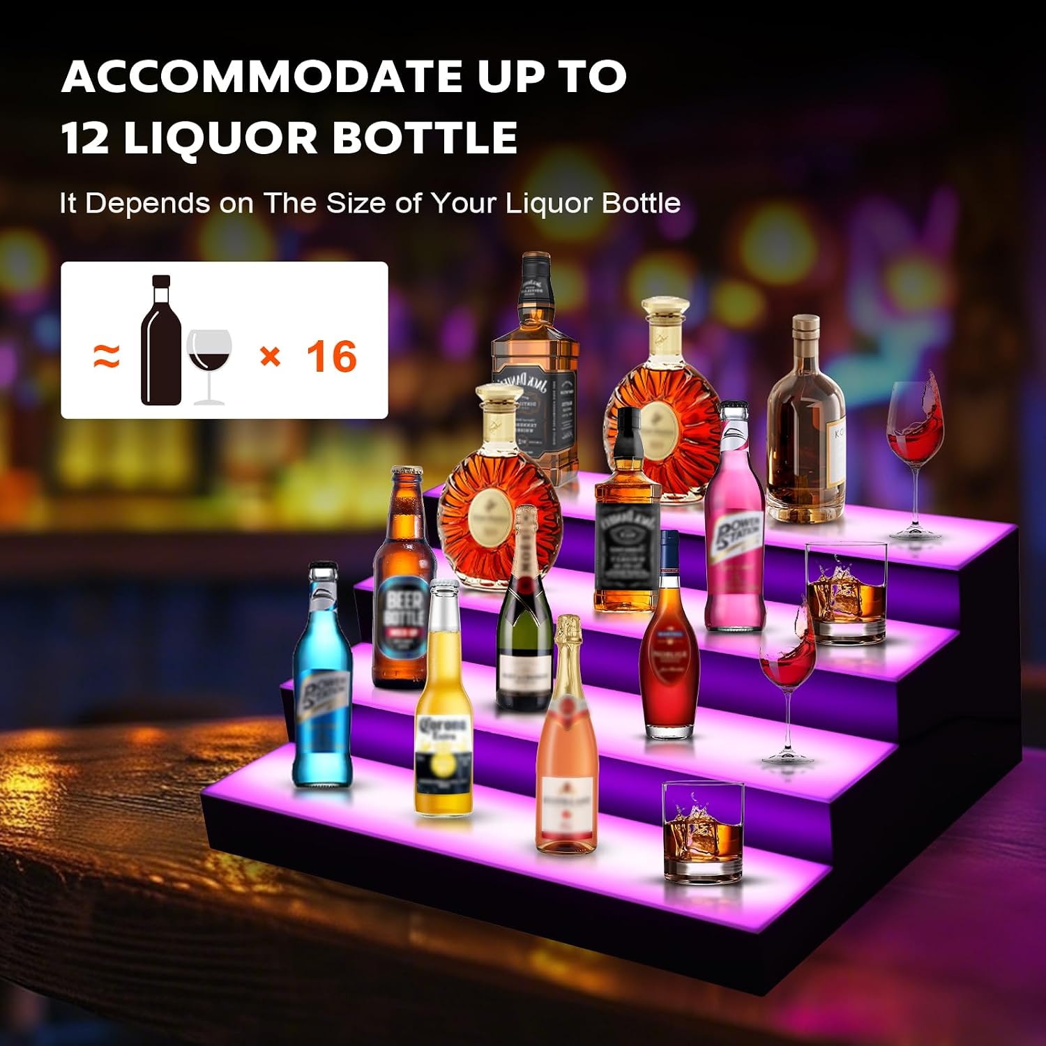 Dollate 4-Tier 16 Inch LED Liquor Bottle Display Shelf, Tabletop Wine Rack, 16 Colors, Adjustable Light for Home Bar, Party, Commercial Use