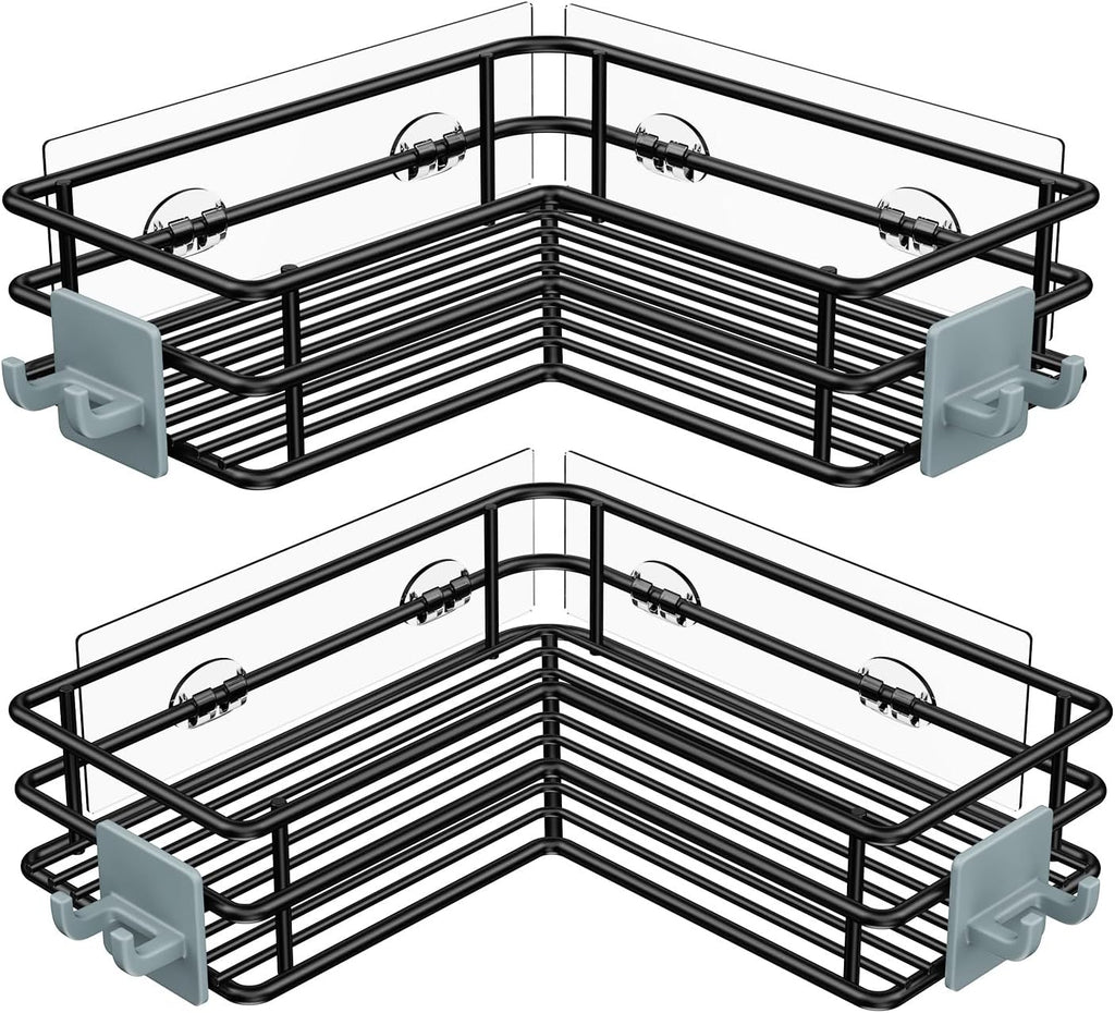 Nieifi Adhesive Corner Shower Caddy Shelf Basket Rack with Hooks, Rust Proof Stainless Steel Bathroom Shelf Shampoo Holder No Drilling (Black)
