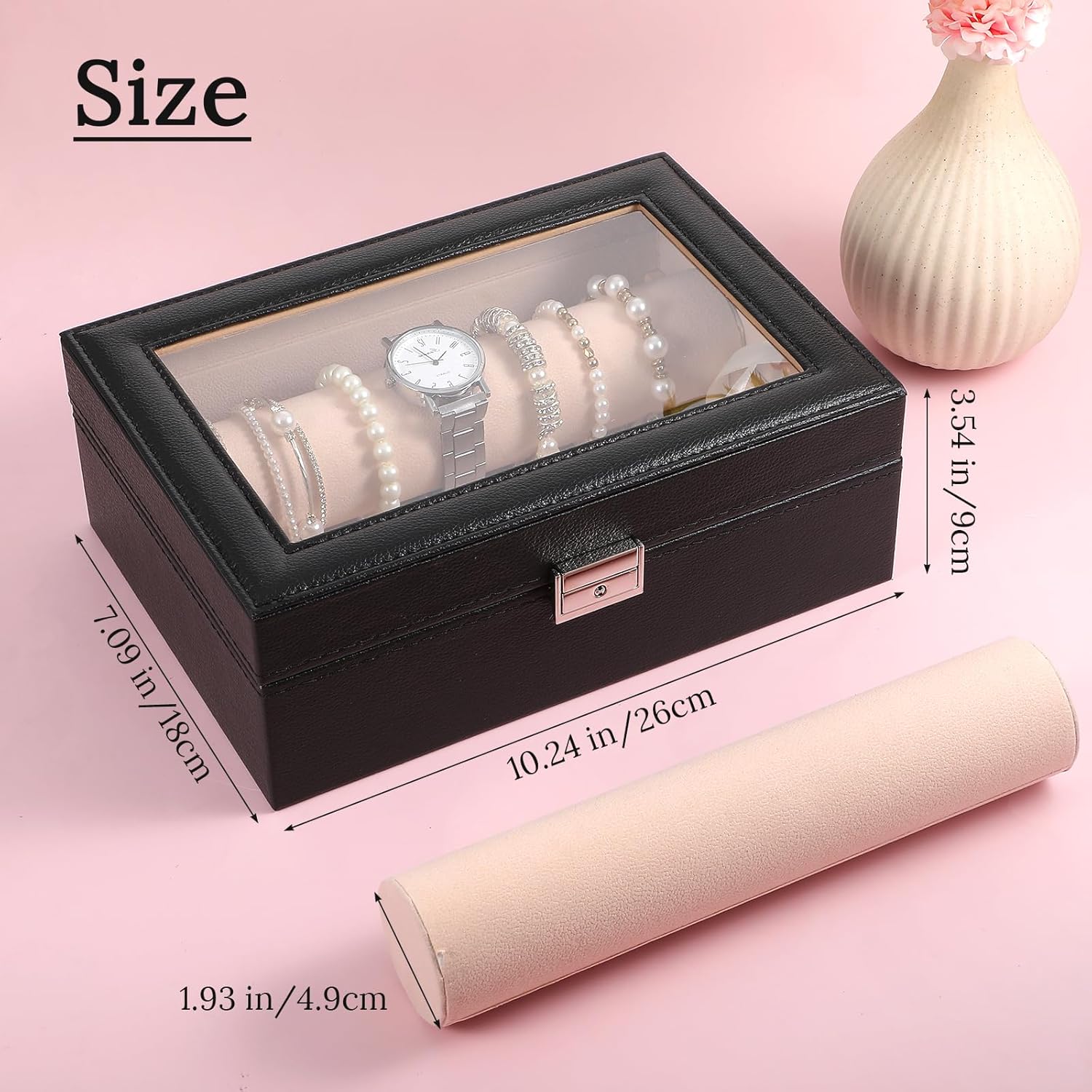 Bracelet Display Holder with Rods for Bangles Watches, Clear Lid Jewelry Organizer Box Storage Case for Women Girls -Black