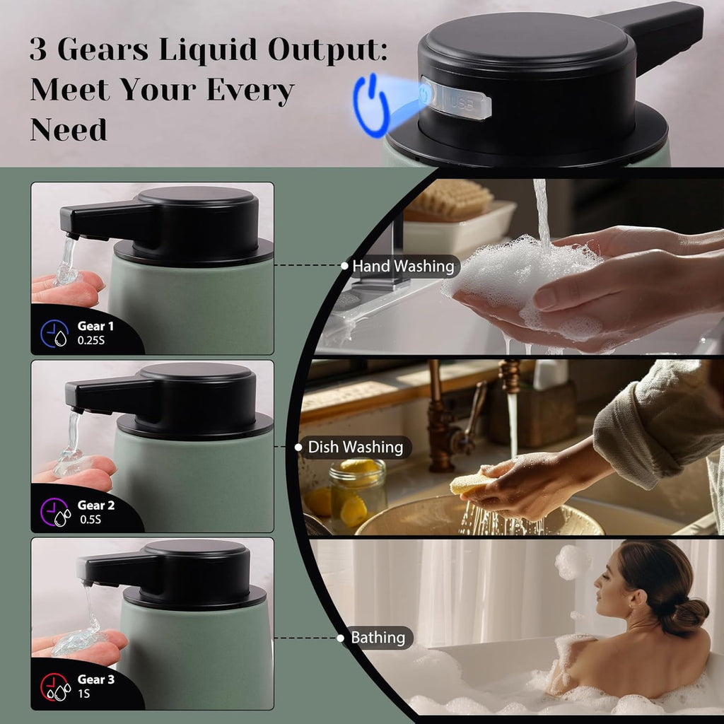 INGOFIN Automatic Ceramic Bathroom Accessory Set - 3 Pcs Auto Liquid Soap Dispenser Touchless, Toothbrush Holder & Tray, Smart Electric Bathroom Counter Set for Home, Guest Room, or Office, Green