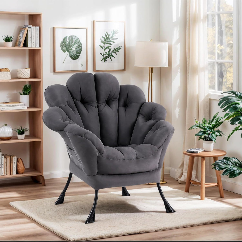 Lazy Chair for Living Room, Modern Floral Reading Chair, Dark Grey Accent Chairs, Comfortable Oversized Armchairs for Bedroom, Courtyard