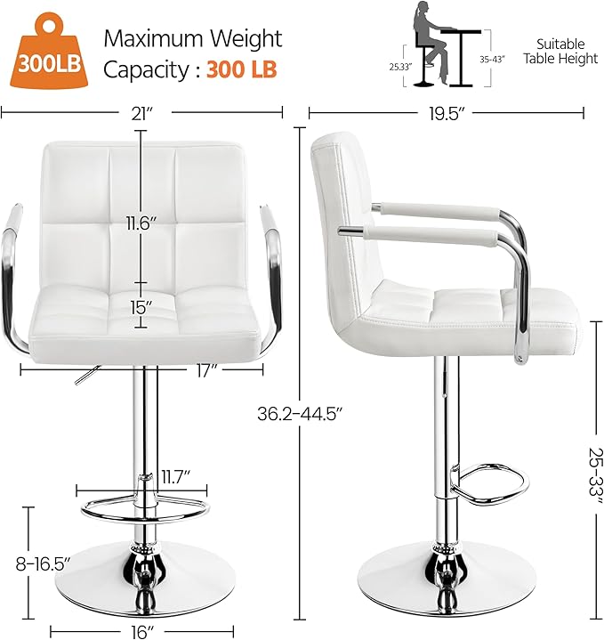 Yaheetech Bart Stools Set of 4, PU Leather Adjustable Barstools with Armrest, Counter Height Stool Chairs with Thickened Seat Cushion for Kitchen Island, White