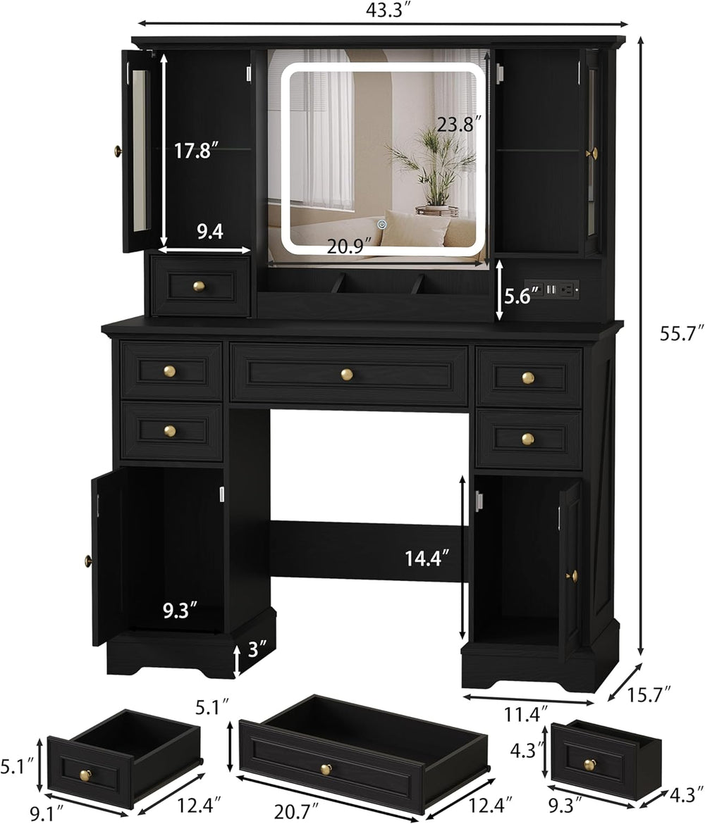 HUANLEGO Farmhouse Makeup Vanity Desk with Mirror and LED Lights, Black | Van...